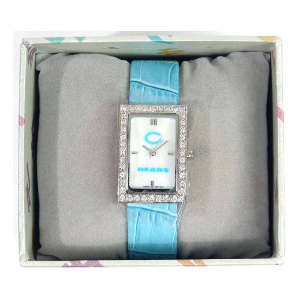 NIB Leather Strap Ladies' Watch Rectangle Framed Crystals Chicago Bears LogoArt